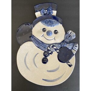 Dedham Pottery Potting Shed Snowman 3D Plate Platter 1990s Blue & White